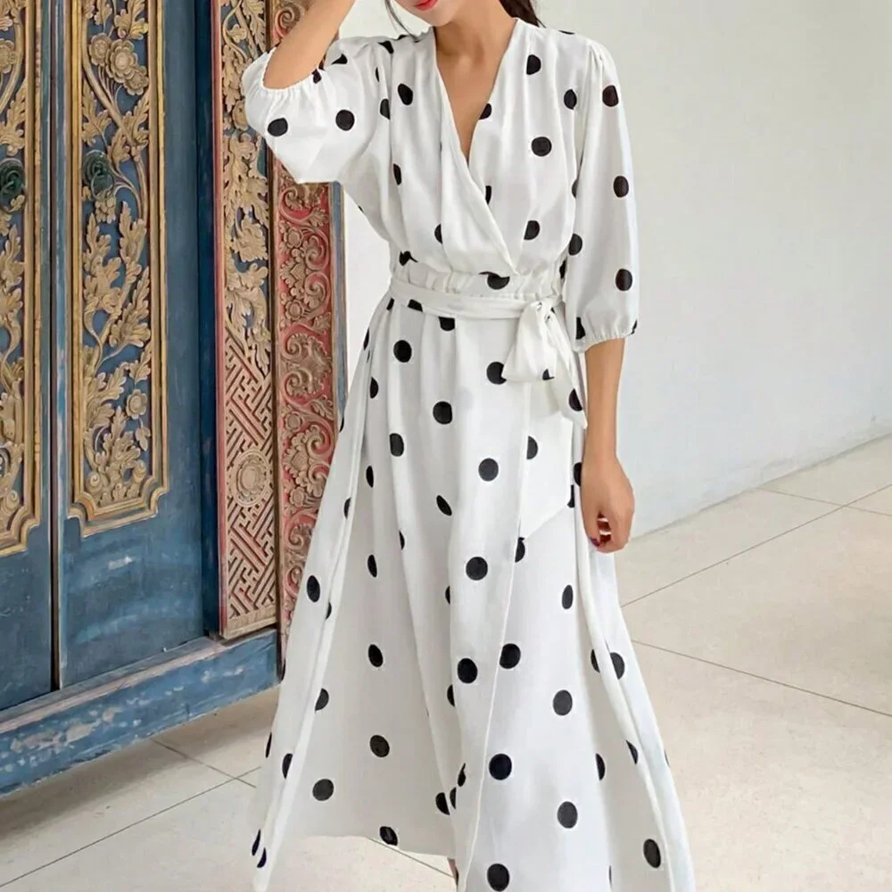 White Casual Women's Polka Dot Print V Neck Wrap Dress With Lantern Sleeve - Picture 4 of 6